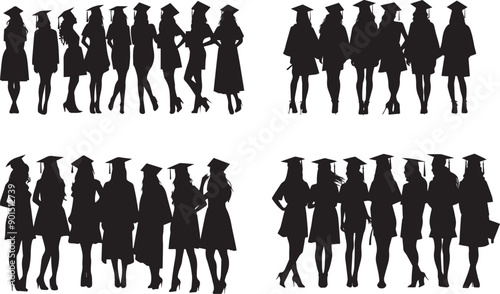 Set of black silhouette vector of graduator students, group of girls complete her graduation