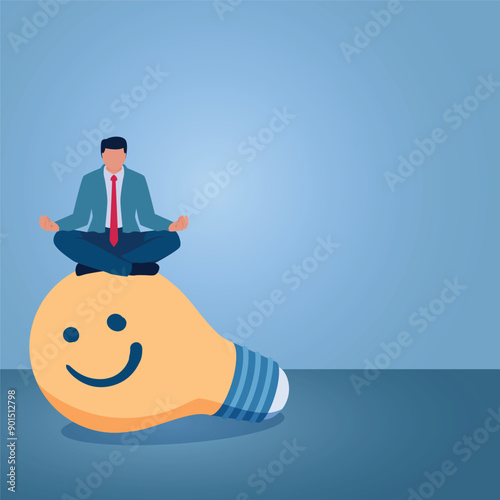 A man meditating on a smiling idea lamp, an illustration for positive thinking.