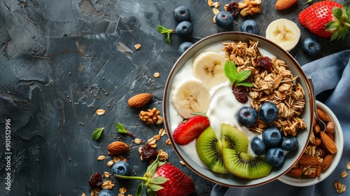 Wallpaper Mural Homemade granola with nuts and raisins, kiwi, blueberries, banana, strawberries and plain yogurt. Top view. Concept of healthy lifestyle, dieting, healthy eating and breakfast. Torontodigital.ca