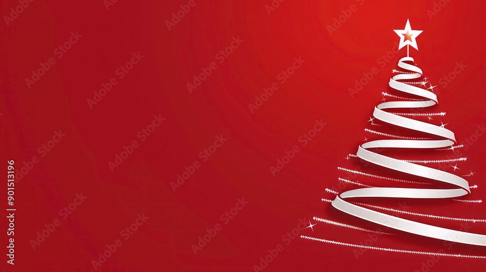Merry Christmas Beautiful Banner with silver ribbon Christmas tree on red background. Christmas card, Christmas background. Merry Christmas Beautiful Banner with silver ribbon Christmas tree on red background. Christmas card, Christmas background.