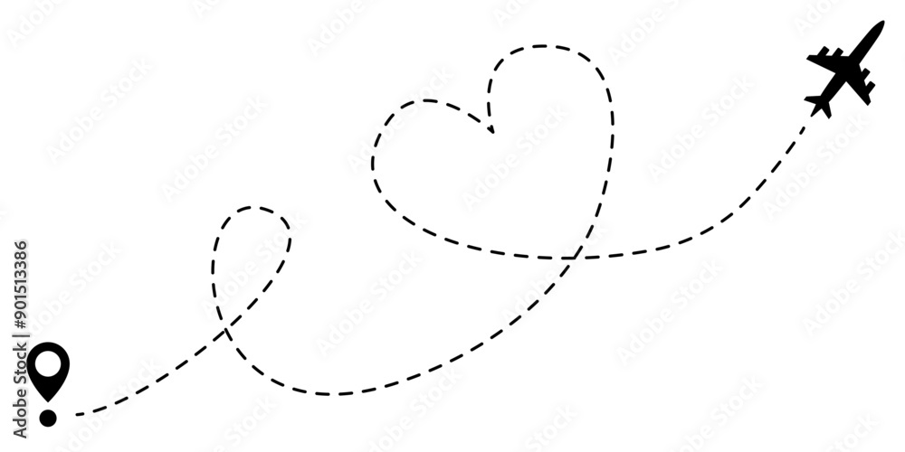 Plane route with heart vector illustration. Love trip icon. Romantic travel symbol. Honeymoon journey sign. Airplane with dashed or dotted route trace. Flight track heart shaped. Plane route with heart vector illustration. Love trip icon. Romantic travel symbol. Honeymoon journey sign. Airplane with dashed or dotted route trace. Flight track heart shaped.