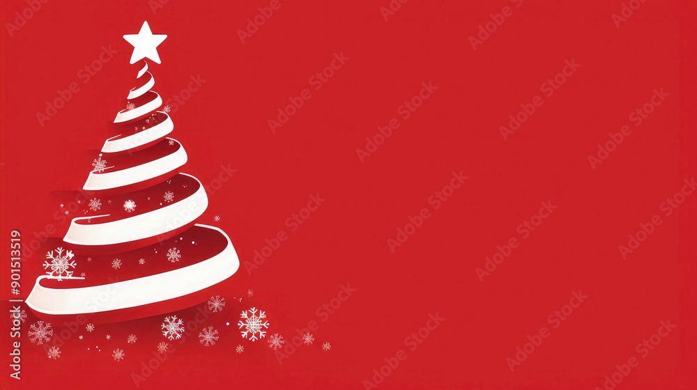 Merry Christmas Beautiful Banner with silver ribbon Christmas tree on red background. Christmas card, Christmas background. Merry Christmas Beautiful Banner with silver ribbon Christmas tree on red background. Christmas card, Christmas background.
