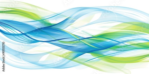 Blue and Green Curved Lines on White Background, Elegant Vector Graphic Design with Soft Lighting Effects and Blurred Edges, Conveying Speed and Motion