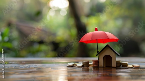 Wallpaper Mural Model of umbrella with house and coins on wooden table concept of the system of insurance savings and the cost of health insurance  Torontodigital.ca
