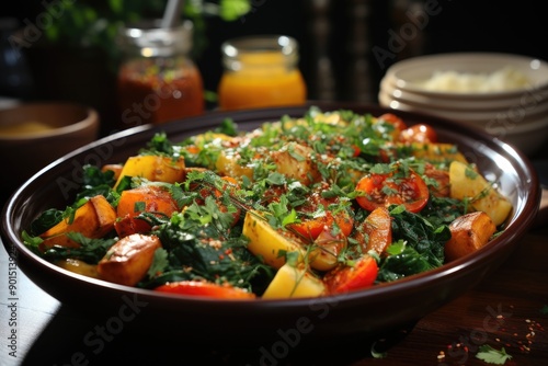 Upper view of the carrot cooked spinach salad on a wooden table, generative IA © Lindamar