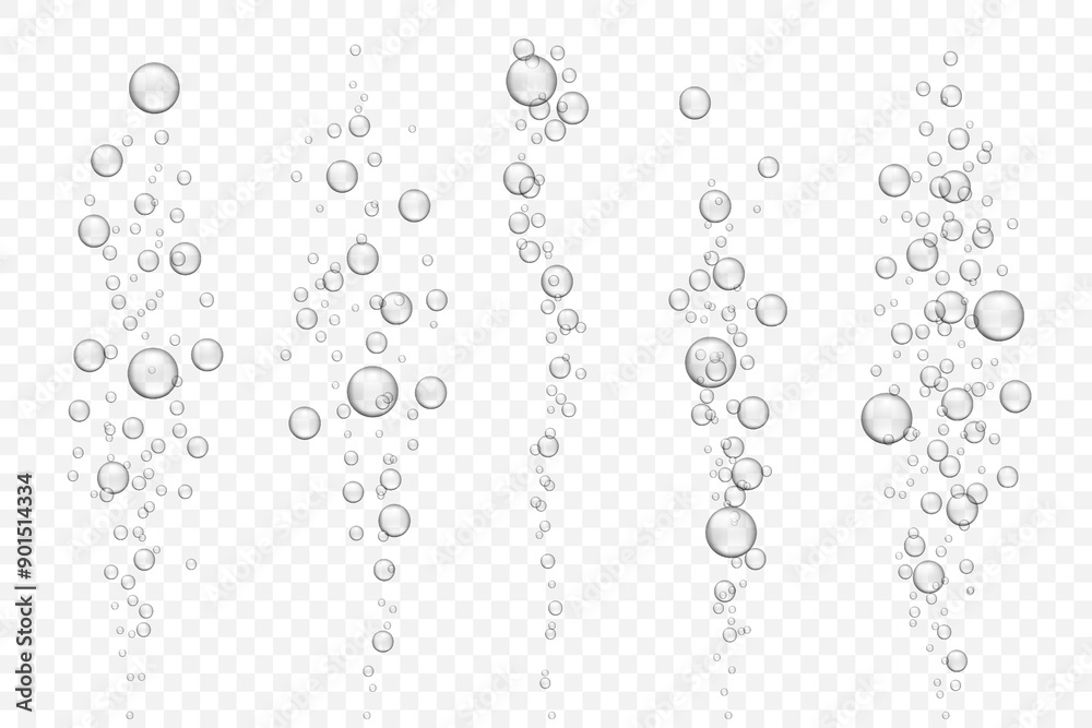 Vector set of underwater air bubble flow isolated on light background. Fizzing bubbles in aquarium, champagne or effervescent drink. 3d transparent realistic oxygen gas texture.