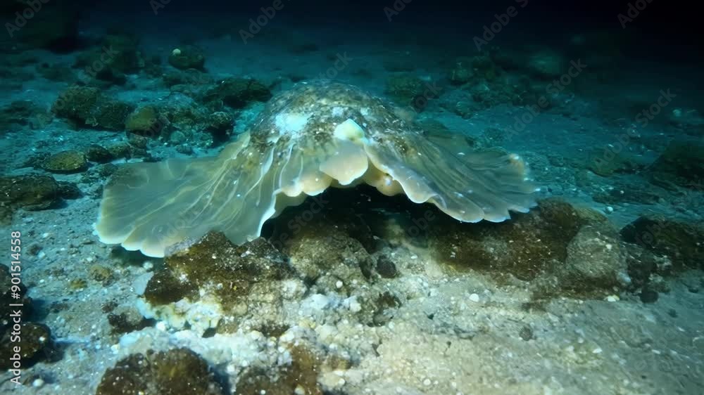A lone octopus crawls along the ocean floor its tentacles casting eerie shadows under the moonlight. A lone octopus crawls along the ocean floor its tentacles casting eerie shadows under the moonlight.