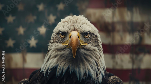 A majestic eagle stands against a vintage American flag, symbolizing freedom and strength. Perfect for patriotic themes.