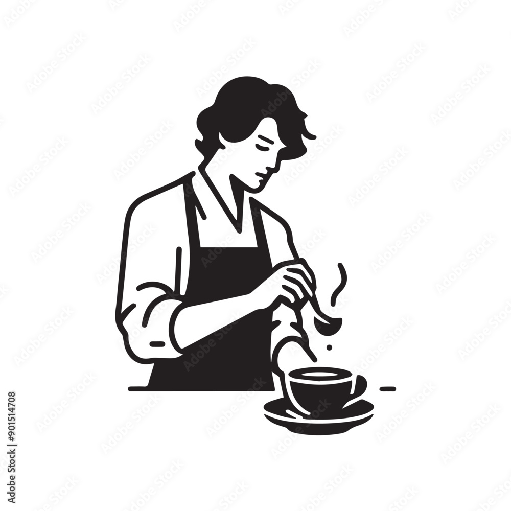 black-and-white vector illustration of a barista wearing an apron, preparing
a coffee drink black-and-white vector illustration of a barista wearing an apron, preparing
a coffee drink