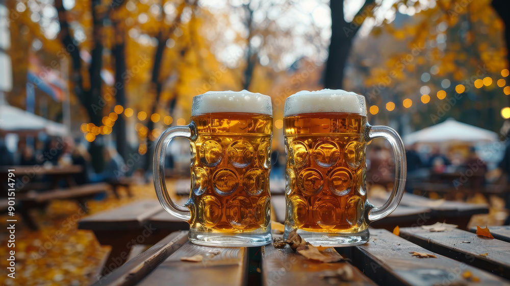 Two mugs of golden beer sit on a wooden table, surrounded by autumn leaves and warm outdoor lights in a festive atmosphere. Two mugs of golden beer sit on a wooden table, surrounded by autumn leaves and warm outdoor lights in a festive atmosphere.