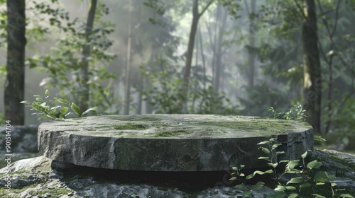 A 3D-rendered stone platform pedestal in a forest background, offering a round, rock-like surface for product display. The green-gray forest tones add a natural, organic feel to the scene.