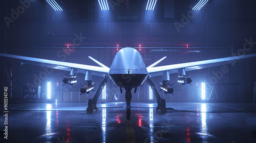 Advanced military drone in hangar under futuristic lighting