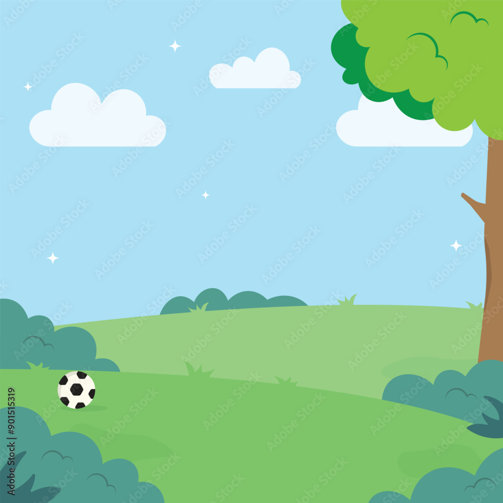 cartoon illustration of a small child playing in the park with his friends cartoon illustration of a small child playing in the park with his friends