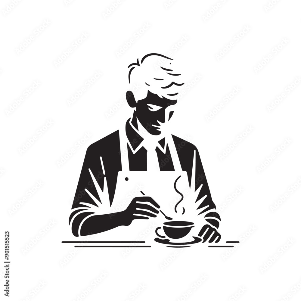 black-and-white vector illustration of a barista wearing an apron, preparing
a coffee drink black-and-white vector illustration of a barista wearing an apron, preparing
a coffee drink