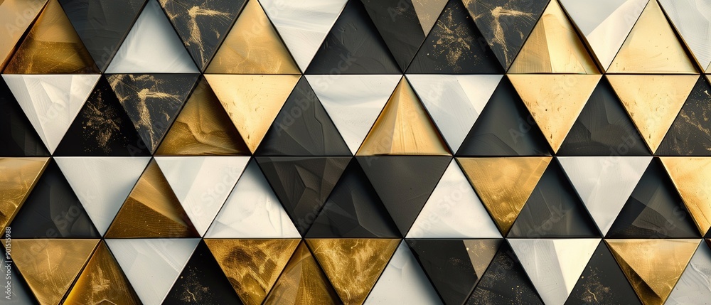 Wall composed of triangular tiles in black, white, and gold marble. The tiles are arranged in a geometric pattern, creating a visually striking and dynamic effect. Wall composed of triangular tiles in black, white, and gold marble. The tiles are arranged in a geometric pattern, creating a visually striking and dynamic effect.