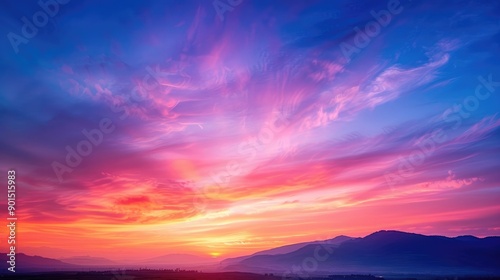 A dramatic sky at sunset, with vibrant hues of orange, pink, and purple blending together. The striking colors and the silhouetted landscape create a breathtaking view.