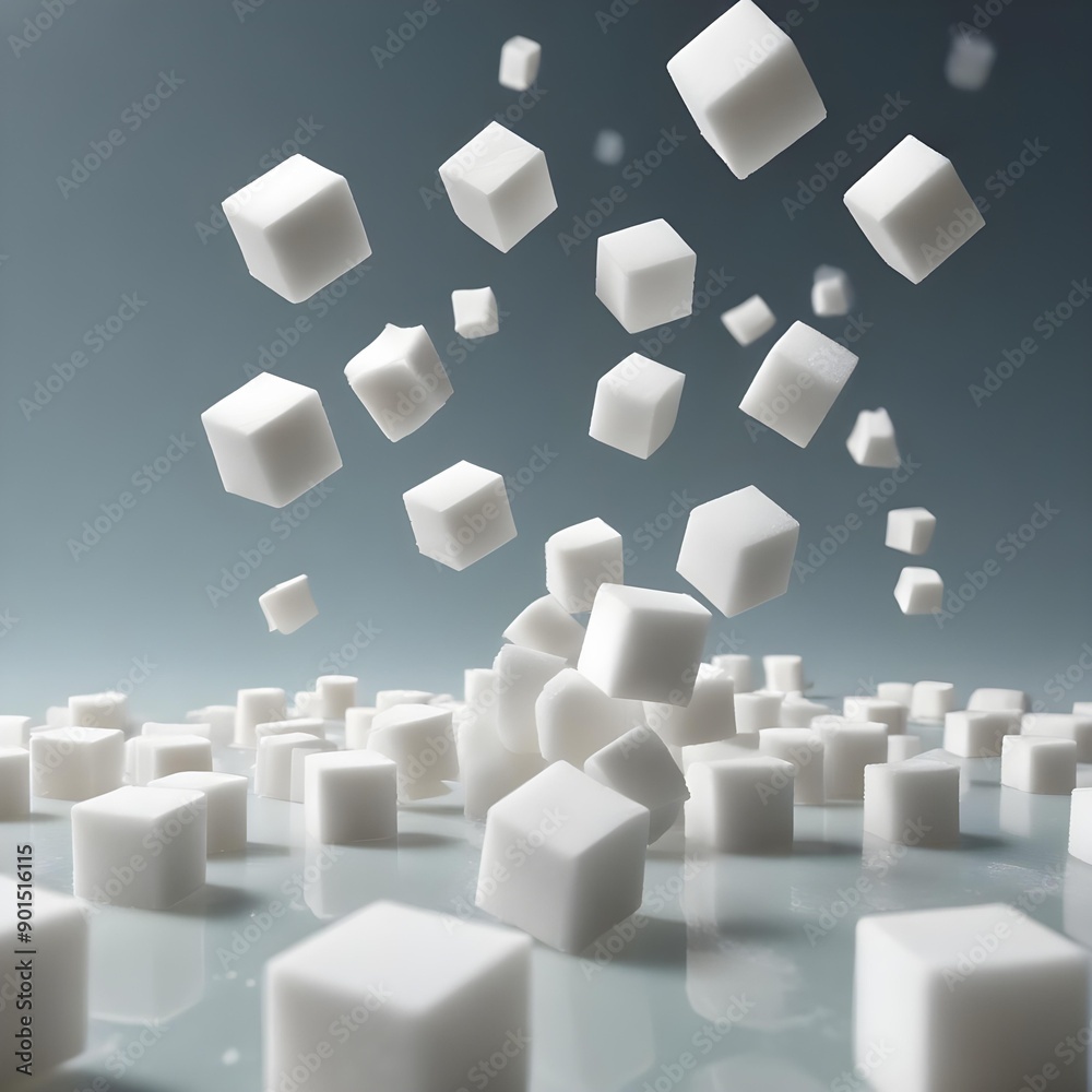 Dozens of white sugar cubes tumbling and cascading through a clean, bright background Dozens of white sugar cubes tumbling and cascading through a clean, bright background