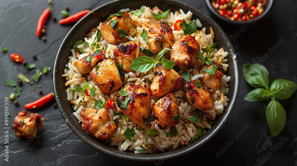 Plate of teriyaki chicken with rice, Sweet and sour chicken with rice, A delicious top view of a chicken and rice dish, featuring tender, juicy chicken pieces atop a bed of fragrant rice. Plate of teriyaki chicken with rice, Sweet and sour chicken with rice, A delicious top view of a chicken and rice dish, featuring tender, juicy chicken pieces atop a bed of fragrant rice.