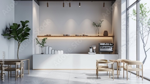 A minimalist coffee shop interior with a small, clean counter area and limited seating. The design is modern and functional, perfect for those who appreciate simplicity and a calm atmosphere.