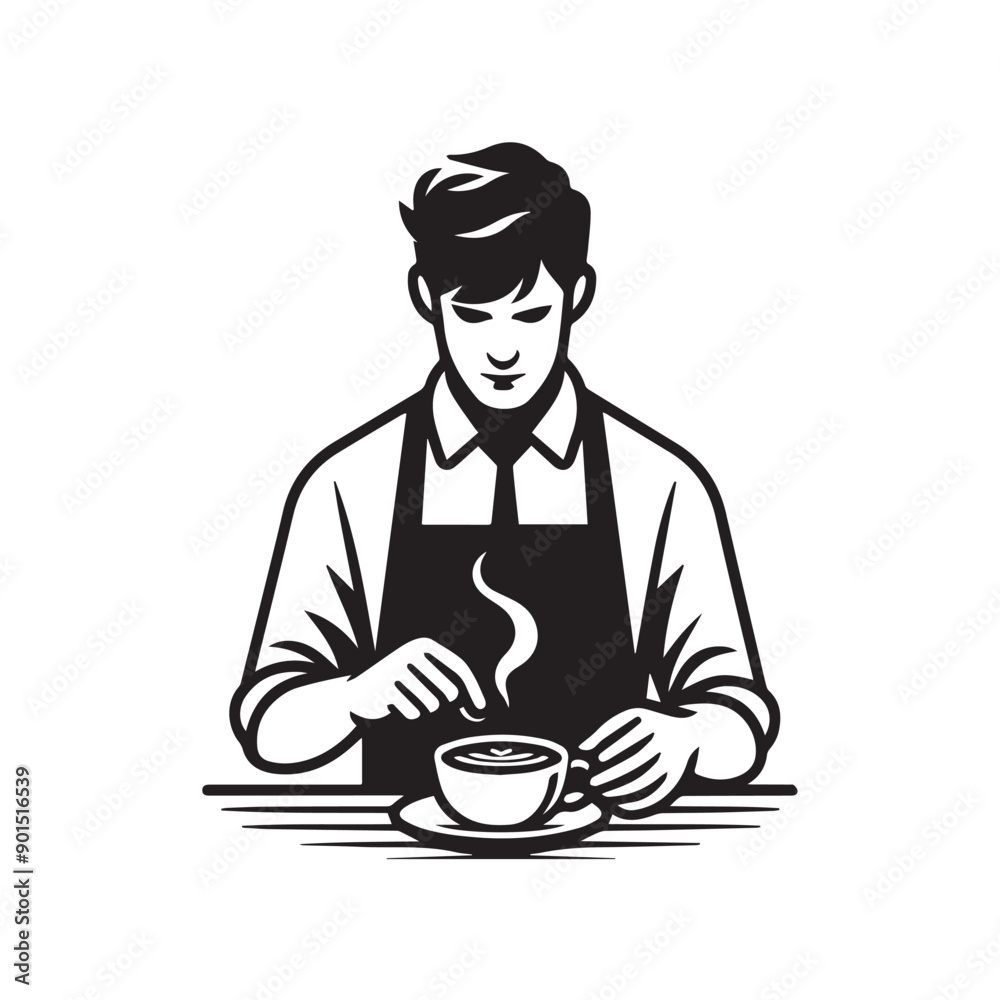 black-and-white vector illustration of a barista wearing an apron, preparing
a coffee drink