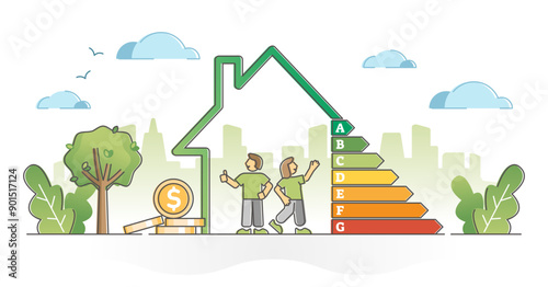 Energy efficient house with ecology class rating diagram outline concept, transparent background. Nature friendly classification system for electricity and heating resources consumption illustration.