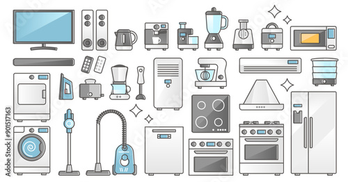 Home appliances set and domestic electronics and machines outline concept, transparent background. Equipment elements for kitchen cooking, vacuum cleaning or laundry washing illustration.