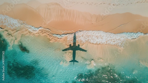 A sandy beach with an airplane shadow stretching across the shore, evoking feelings of adventure and the joy of reaching new destinations. Perfect for travel promotions.
