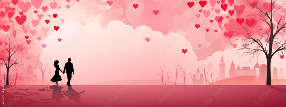 Romantic Silhouette Of Couple Holding Hands With Hearts Floating In The ...