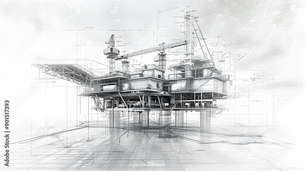 Obraz premium Conceptual Design of an Offshore Oil Rig with Technical Blueprint Elements