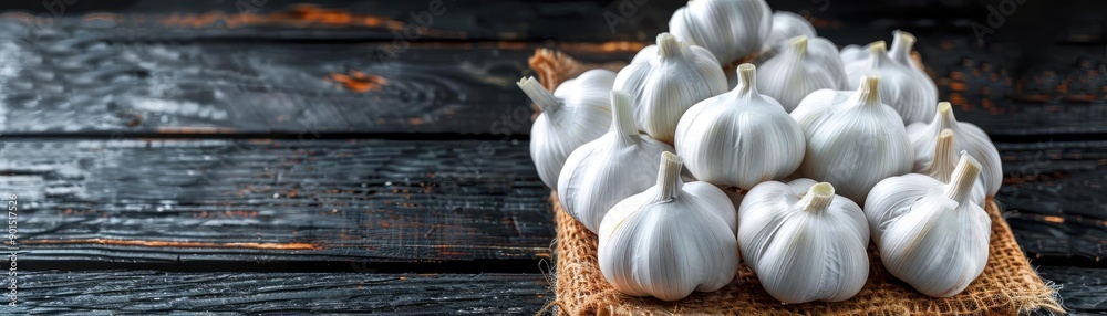Fresh garlic bulbs on a rustic wooden table, showcasing white garlic on a dark background in a natural and organic setting. Fresh garlic bulbs on a rustic wooden table, showcasing white garlic on a dark background in a natural and organic setting.