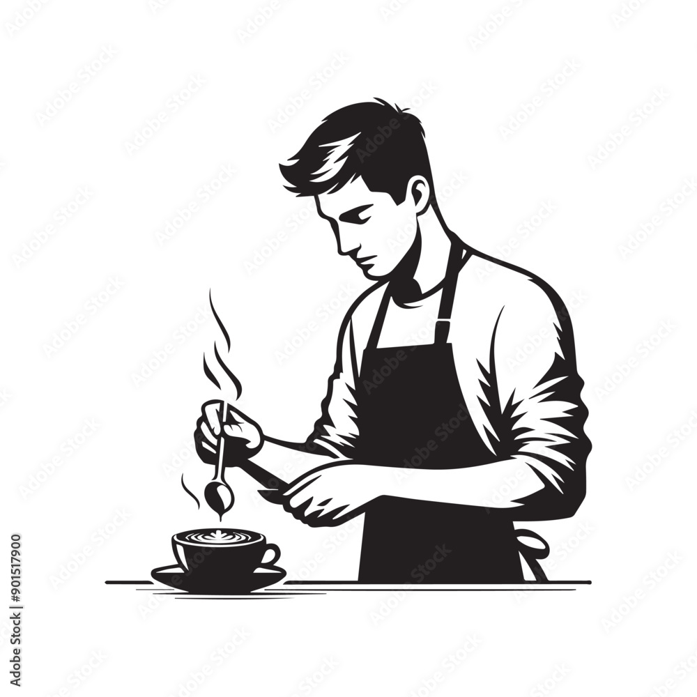 black-and-white vector illustration of a barista wearing an apron, preparing
a coffee drink black-and-white vector illustration of a barista wearing an apron, preparing
a coffee drink