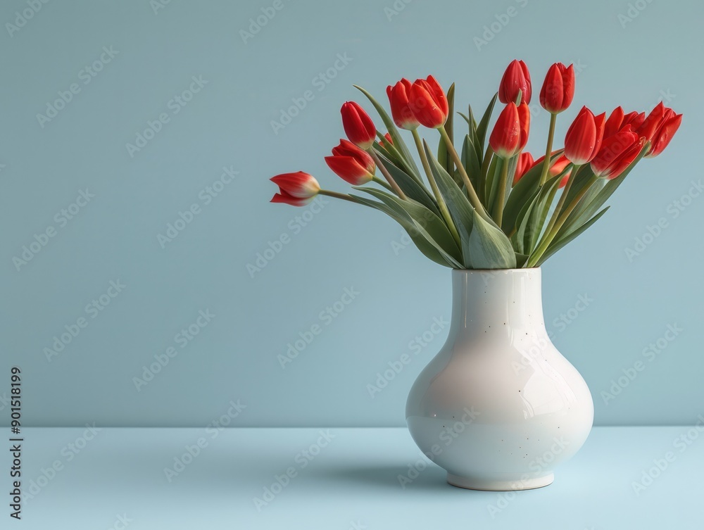 International women's day concept, spring home decorations with bouquet of red tulips in modern vase in pastel colors International women's day concept, spring home decorations with bouquet of red tulips in modern vase in pastel colors