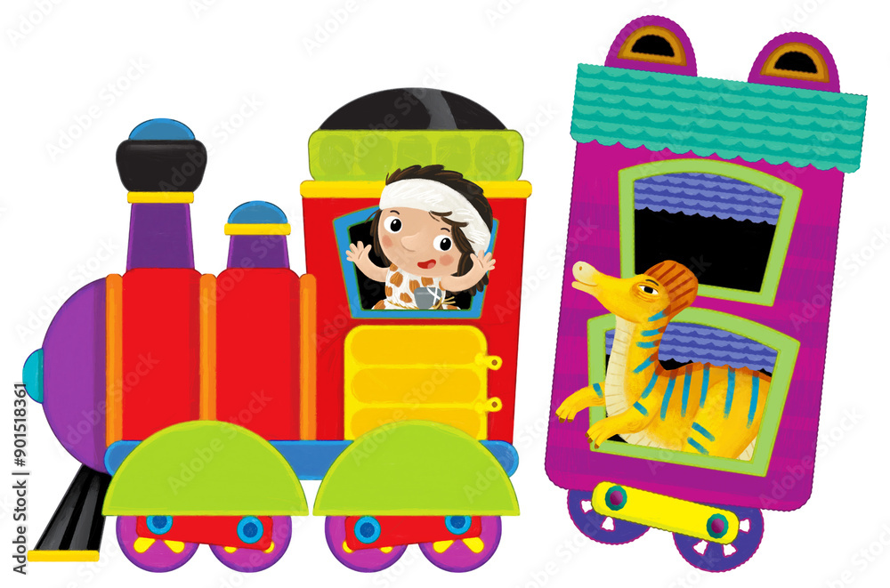 Cartoon funny looking colorful wagon with dino dinosaur animal lizard and caveman conductor isolated illustration for children Cartoon funny looking colorful wagon with dino dinosaur animal lizard and caveman conductor isolated illustration for children