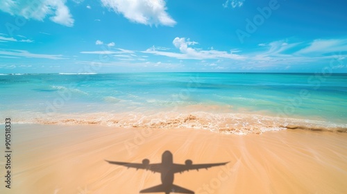 A sunny beach with the silhouette of an airplane shadow on the shore, creating a dynamic visual representation of travel, holidays, and tropical getaways.