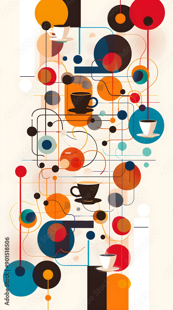 Obraz premium Colorful abstract composition featuring coffee cups and geometric shapes, creating a modern artistic vibe