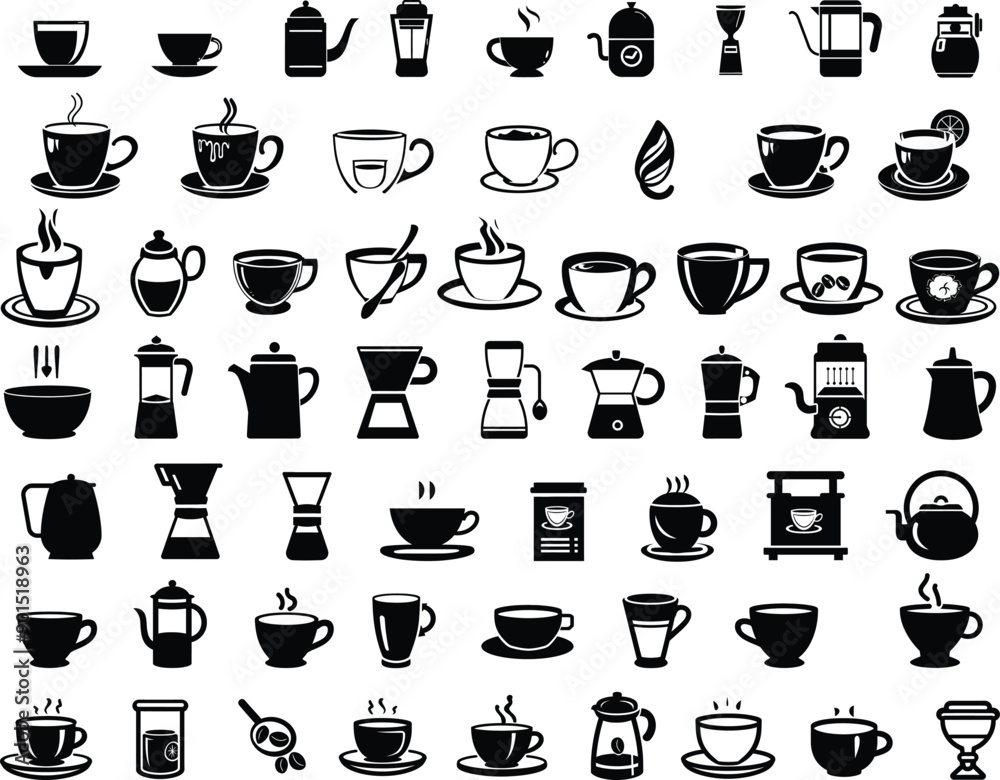 A collection of 60 black and white illustrations of various coffee and tea cups, mugs, and brewing equipment. The diverse designs showcase different styles and shapes, from simple mugs to elegant teac A collection of 60 black and white illustrations of various coffee and tea cups, mugs, and brewing equipment. The diverse designs showcase different styles and shapes, from simple mugs to elegant teac