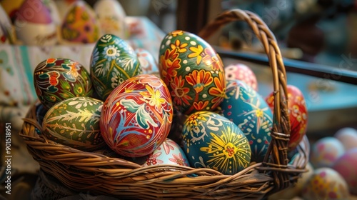 A vibrant display of hand-painted Easter eggs in a basket, featuring intricate designs and bright colors, perfect for capturing the festive spirit of Easter.