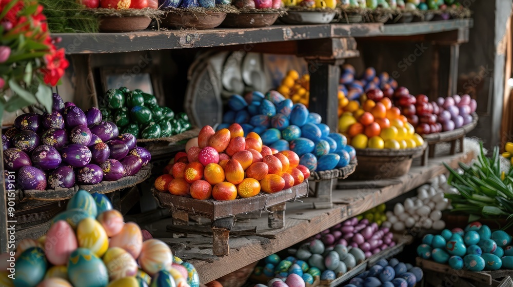 An assortment of Easter eggs dyed in vivid colors, displayed in a charming, rustic setting, ideal for conveying a warm and festive atmosphere. An assortment of Easter eggs dyed in vivid colors, displayed in a charming, rustic setting, ideal for conveying a warm and festive atmosphere.