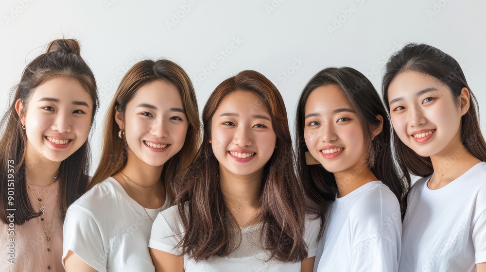 Five Young Women Smiling Together in White Shirts Five Young Women Smiling Together in White Shirts
