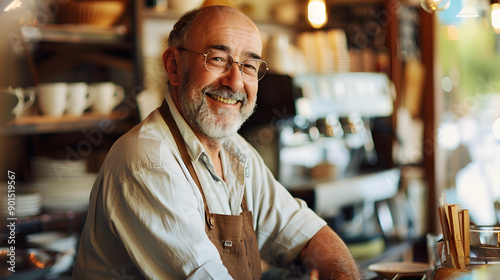 A smiling barista stands in a cozy café, showcasing warmth and friendliness, with coffee equipment and cups visible in the background