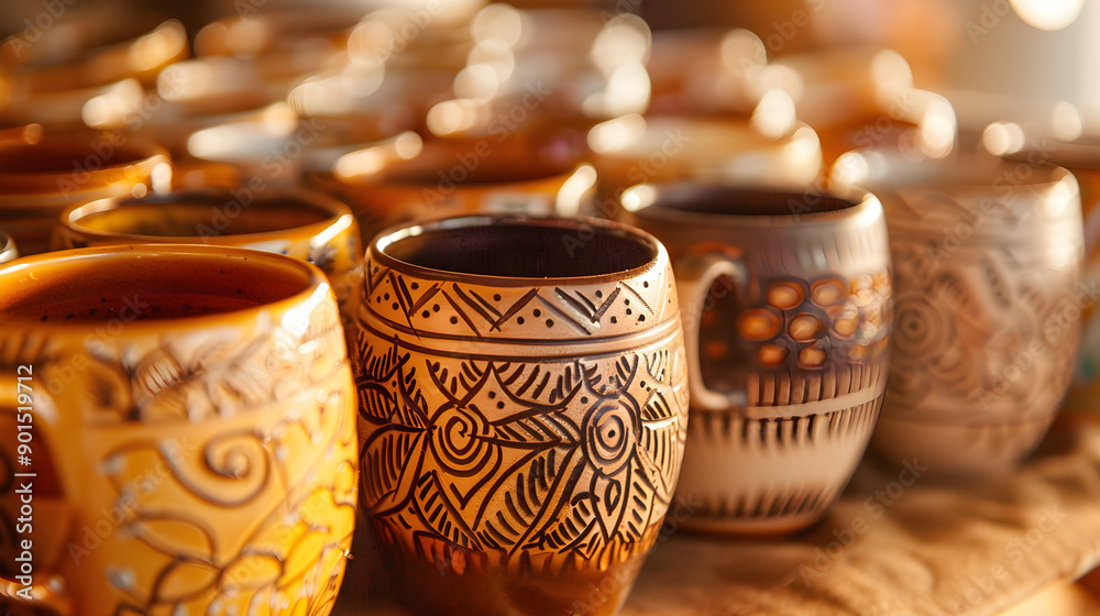 Colorful ceramic mugs display intricate designs and warm lighting, creating a cozy and artistic atmosphere in a market setting Colorful ceramic mugs display intricate designs and warm lighting, creating a cozy and artistic atmosphere in a market setting
