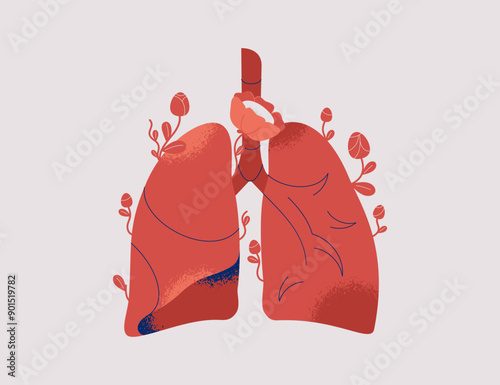 Human Lungs with flowers. Good Respiratory system function and Pulmonary health. Creativity flat vector illustration