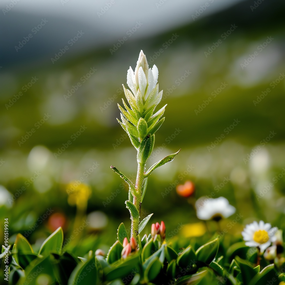 Obraz premium Seedling with delicate flowers in a spring meadow, Seedling, Beauty, natural cycle