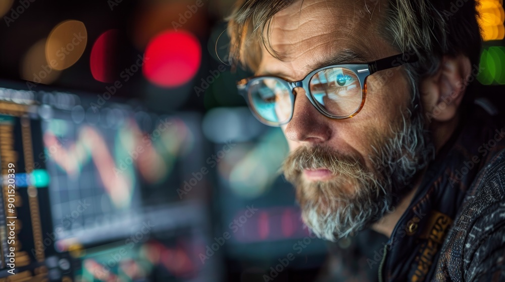 Focused Professional Analyzing Stock Market Trends in Dimly Lit Office During Evening Hours. Generative AI Focused Professional Analyzing Stock Market Trends in Dimly Lit Office During Evening Hours. Generative AI