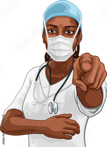 A black woman doctor or nurse medical healthcare health professional. Dressed in scrubs and PPE mask pointing in a classic needs you pose