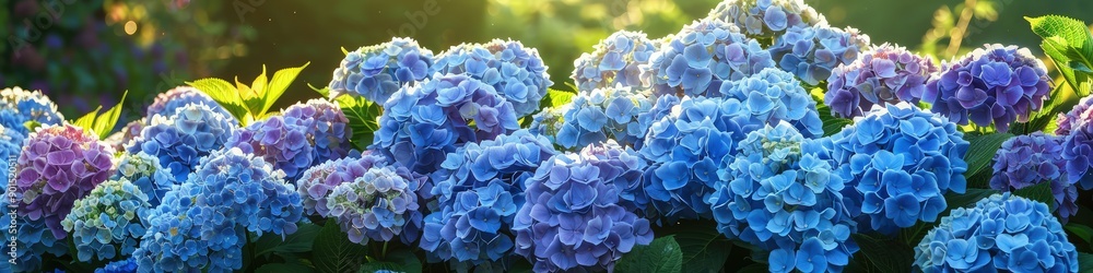 A lush display of hydrangeas in varying shades of blue and purple, each cluster bathed in sunlight, showcasing the depth and vibrancy of the blooms in a garden setting A lush display of hydrangeas in varying shades of blue and purple, each cluster bathed in sunlight, showcasing the depth and vibrancy of the blooms in a garden setting