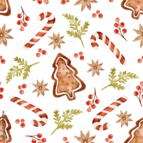 Seamless Christmas pattern with tree, candies, berries and Xmas elements. Vector