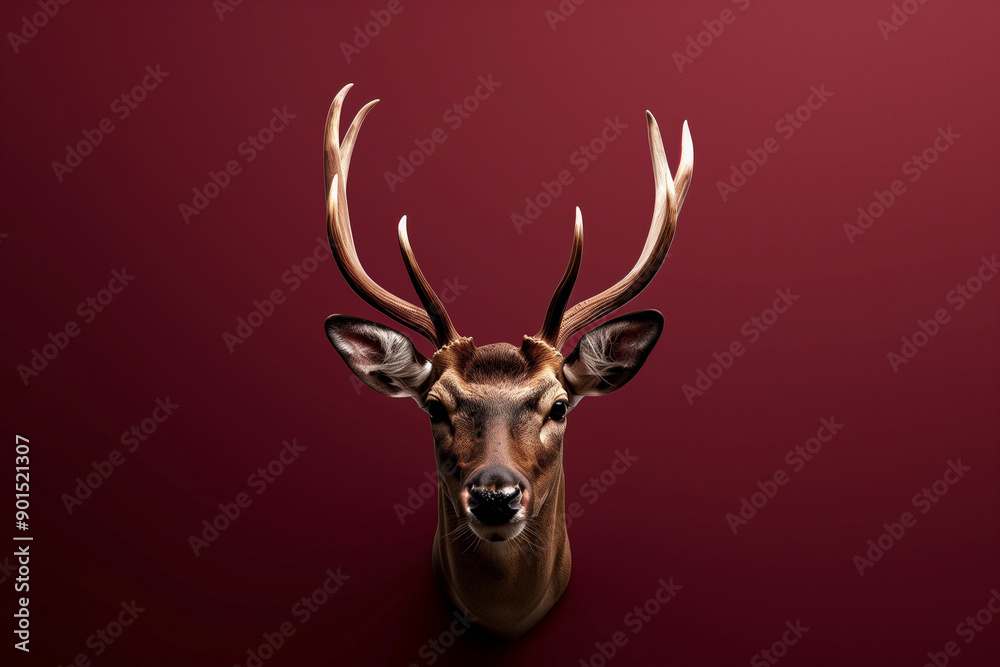 Reindeer with antlers on red background. Concept of Christmas and new year, winter holidays. Deer head on burgundy background. Reindeer with antlers on red background. Concept of Christmas and new year, winter holidays. Deer head on burgundy background.