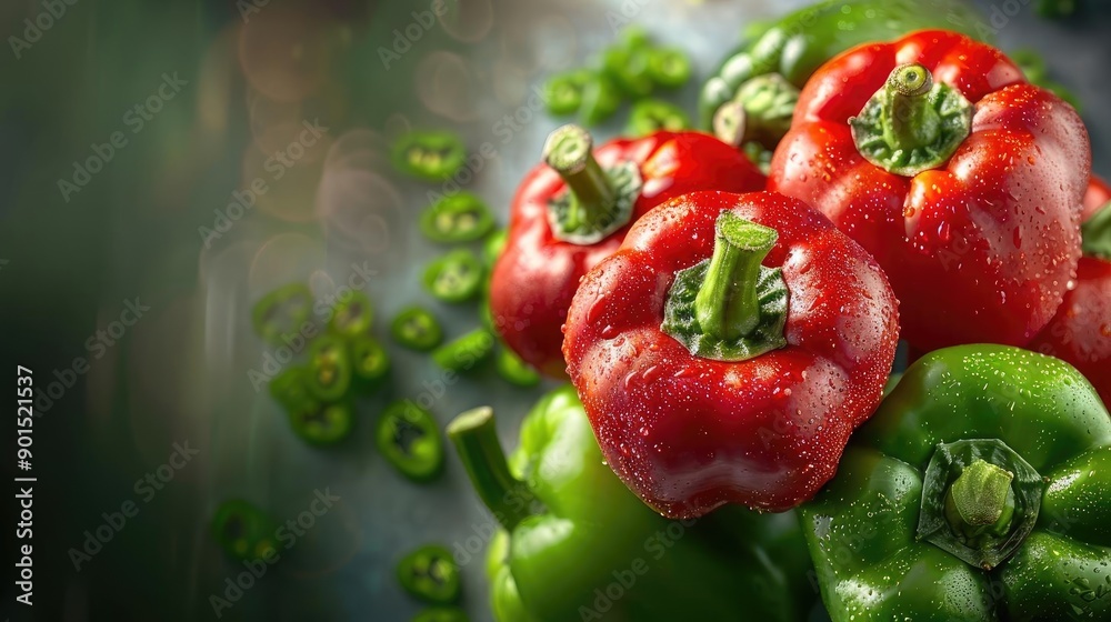 Fresh red and green bell peppers with water droplets, captured up close on a smooth surface, showcasing vibrant colors and freshness.