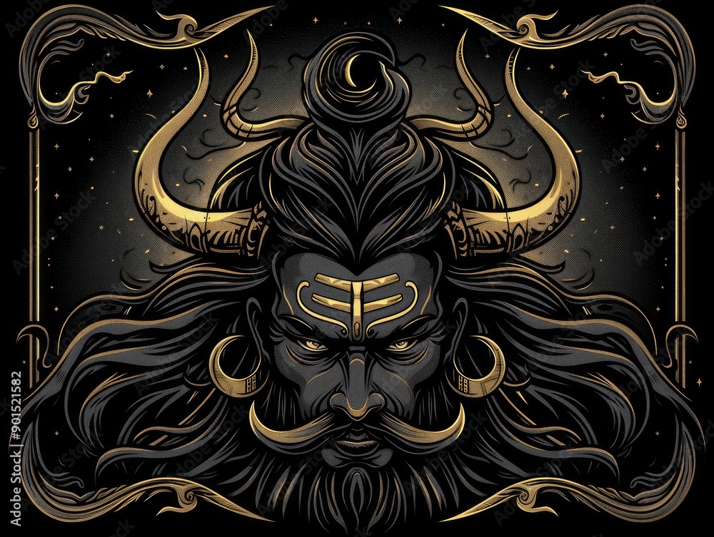 Fototapeta premium Powerful maha shivratri poster illustration that Shiva head and a trishul on a black background